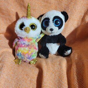 SET TY Unicorn Owl Enchanted 6 Inch Beanie Boo & Ty Reg Bamboo Panda-Bear Beanie